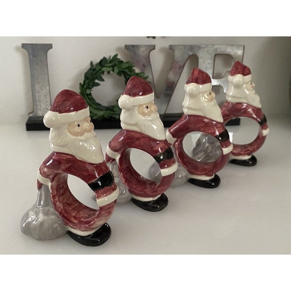 Vintage 1970s Set of 4 Santa Claus Ceramic Napkin Ring Holders Adorable‎ Unique